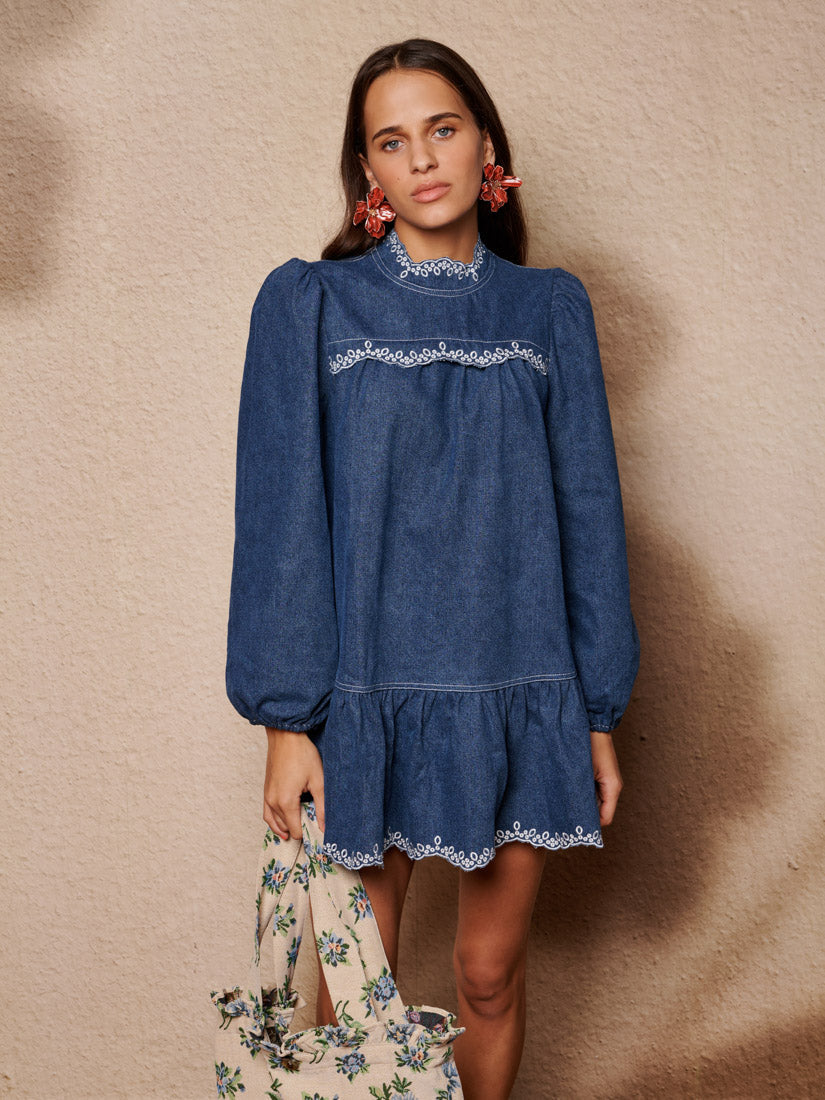 Embroidered Denim Mini Dress for Women — Loose Washed Blue