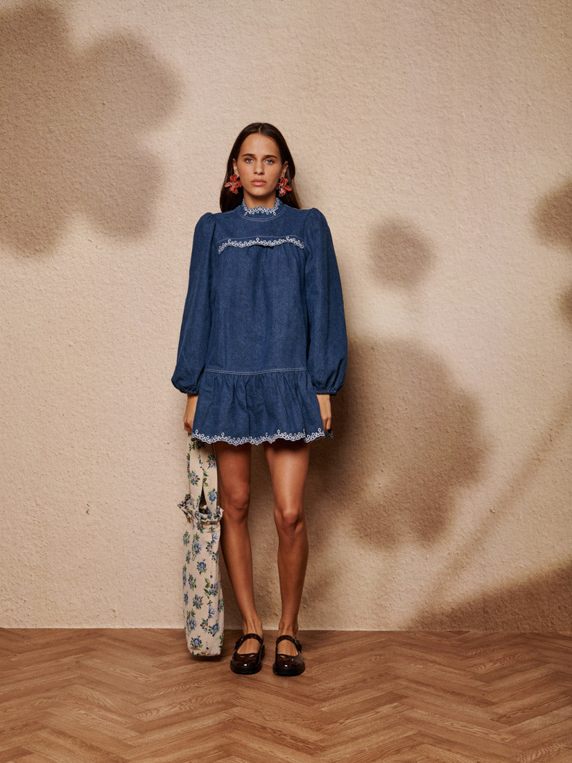 Embroidered Denim Mini Dress for Women — Loose Washed Blue - gallery