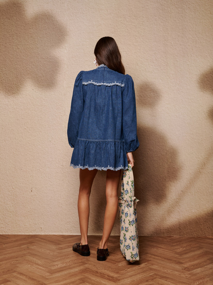 Embroidered Denim Mini Dress for Women — Loose Washed Blue - gallery