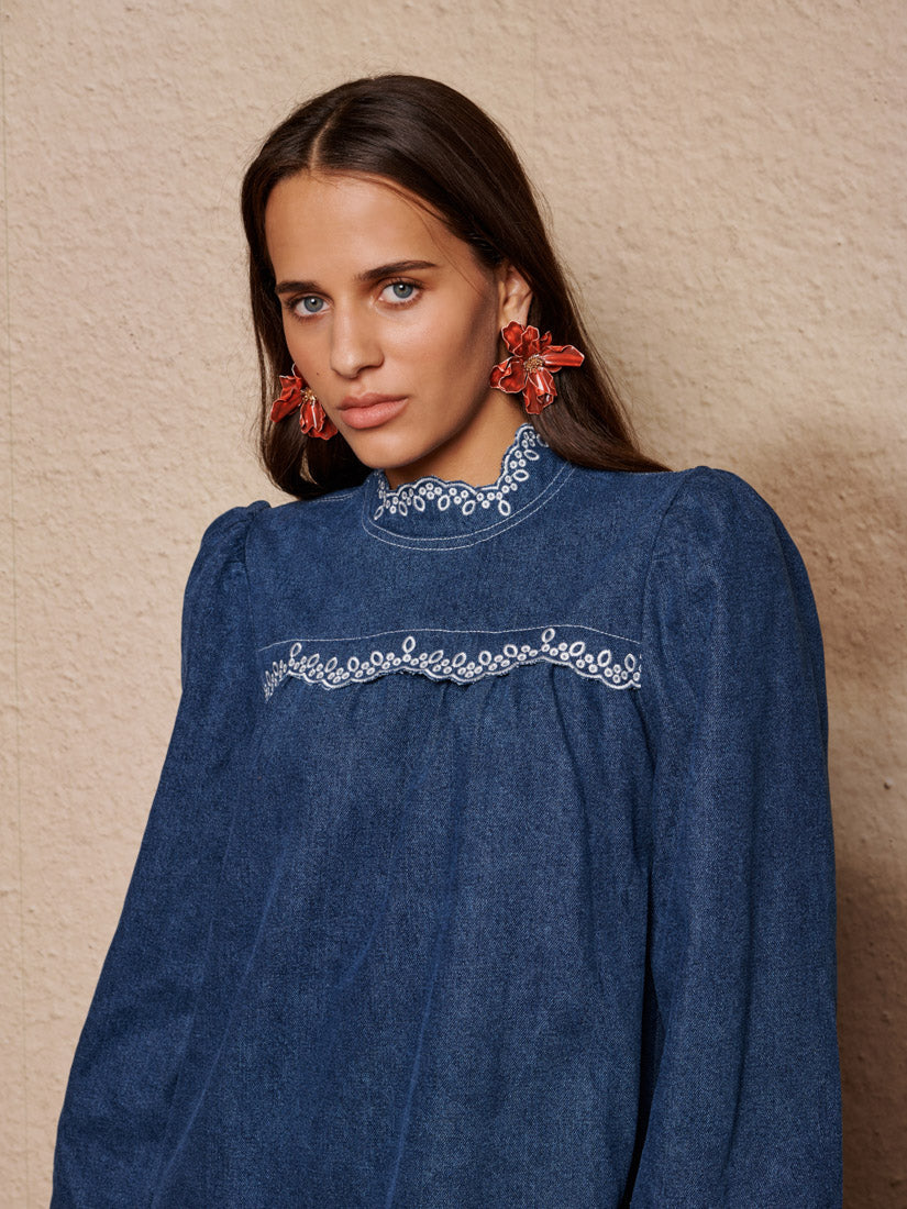 Embroidered Denim Mini Dress for Women — Loose Washed Blue - gallery