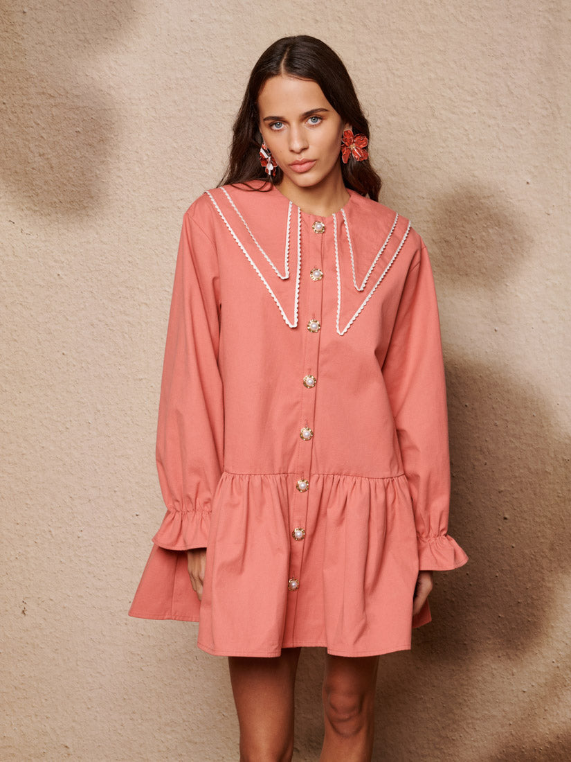 Alba Denim Mini Dress for Women — Pearl Collar Detail