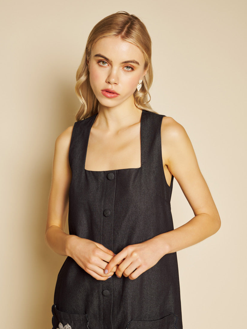 Sequin Flower Appliqué Denim Mini Dress for Women — Structured - gallery