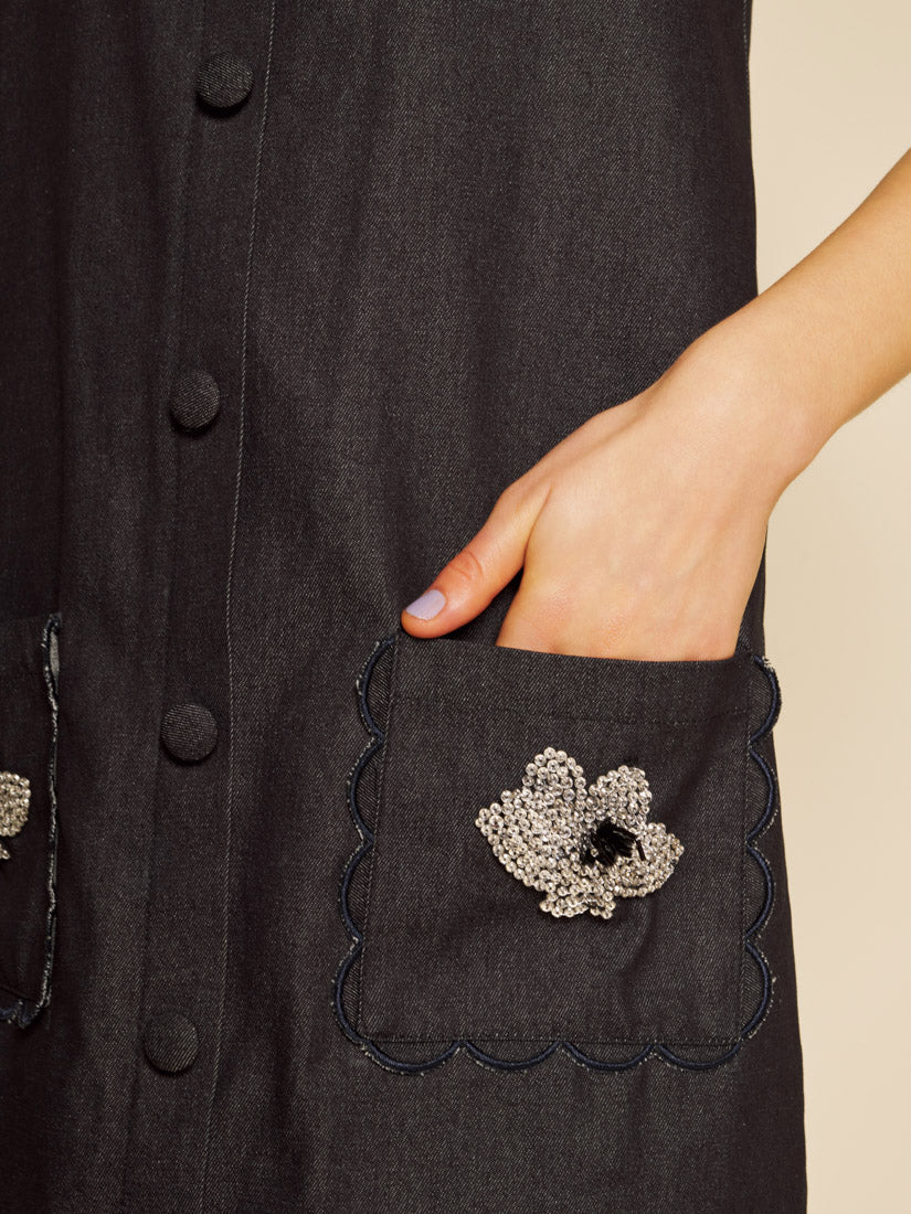 Sequin Flower Appliqué Denim Mini Dress for Women — Structured - gallery