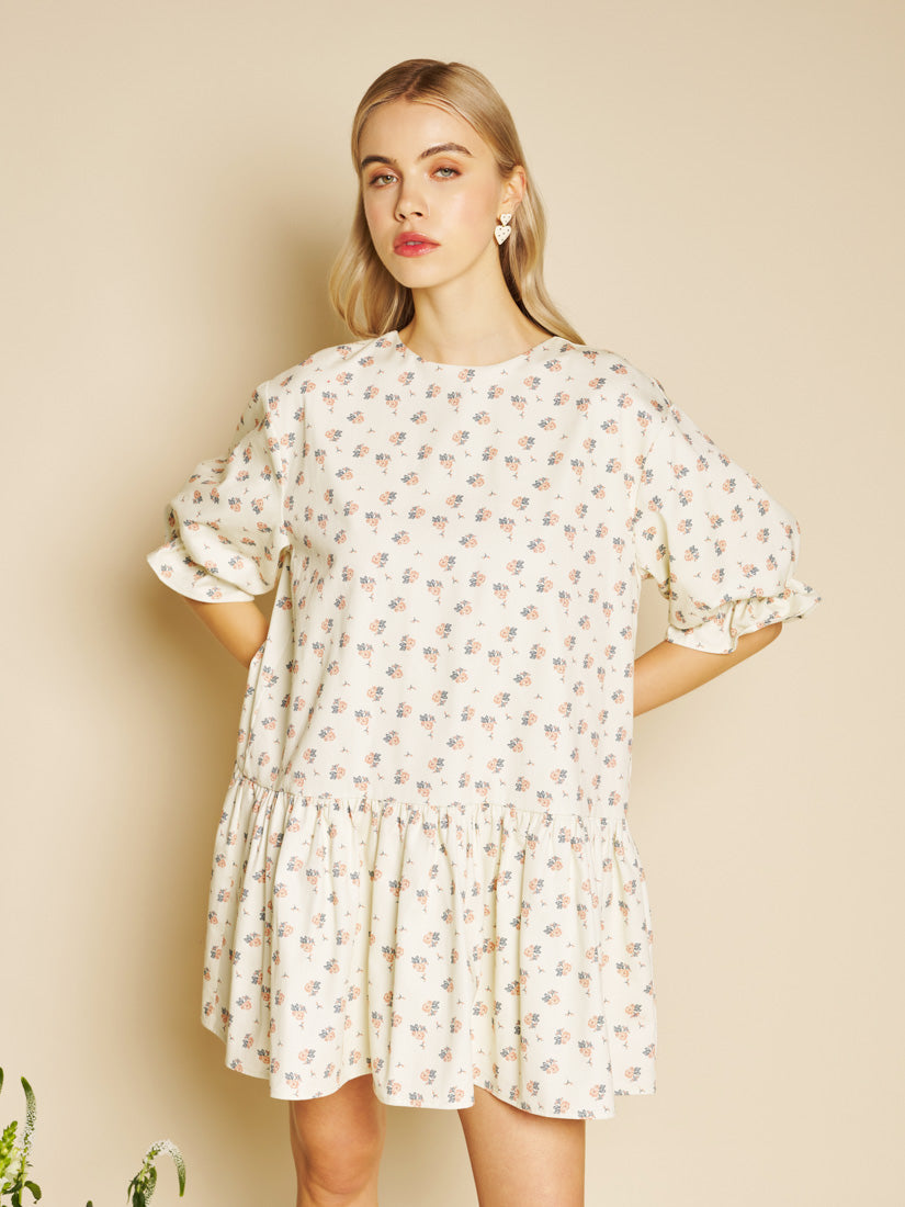 Ditsy Floral Denim Mini Dress for Women — Drop Waist Puff Sleeves