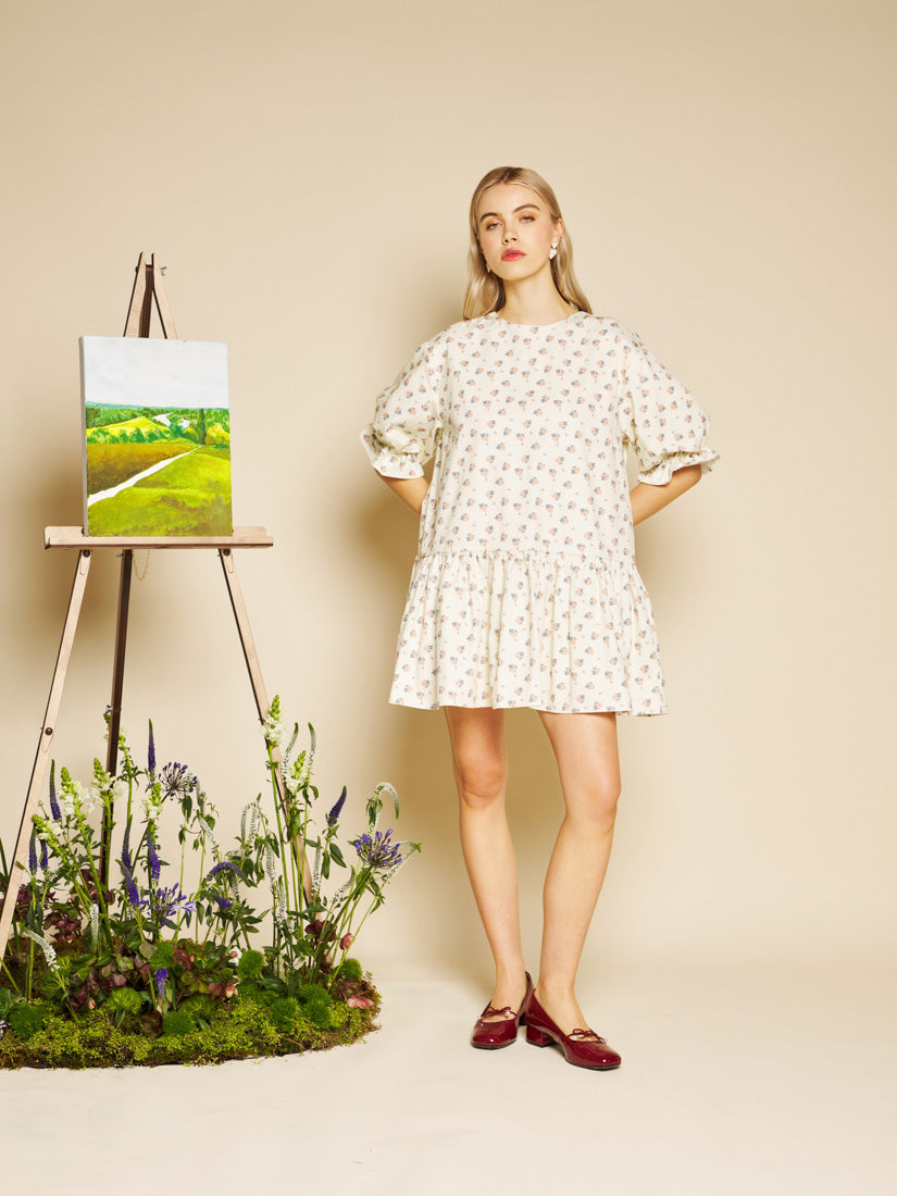 Ditsy Floral Denim Mini Dress for Women — Drop Waist Puff Sleeves - gallery