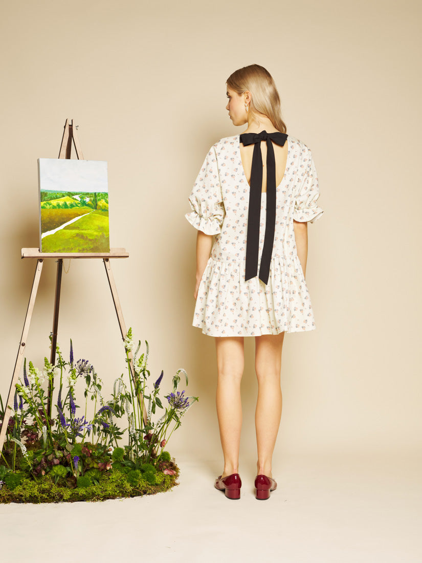 Ditsy Floral Denim Mini Dress for Women — Drop Waist Puff Sleeves - gallery