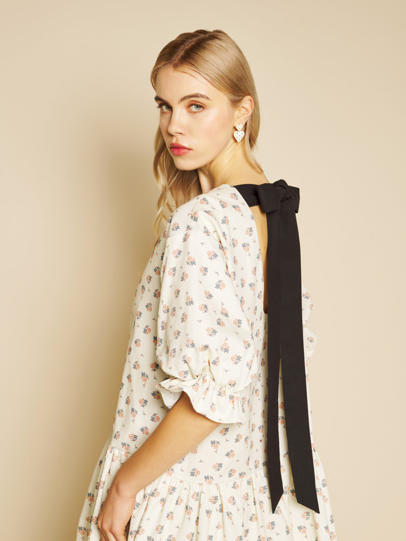 Ditsy Floral Denim Mini Dress for Women — Drop Waist Puff Sleeves - gallery