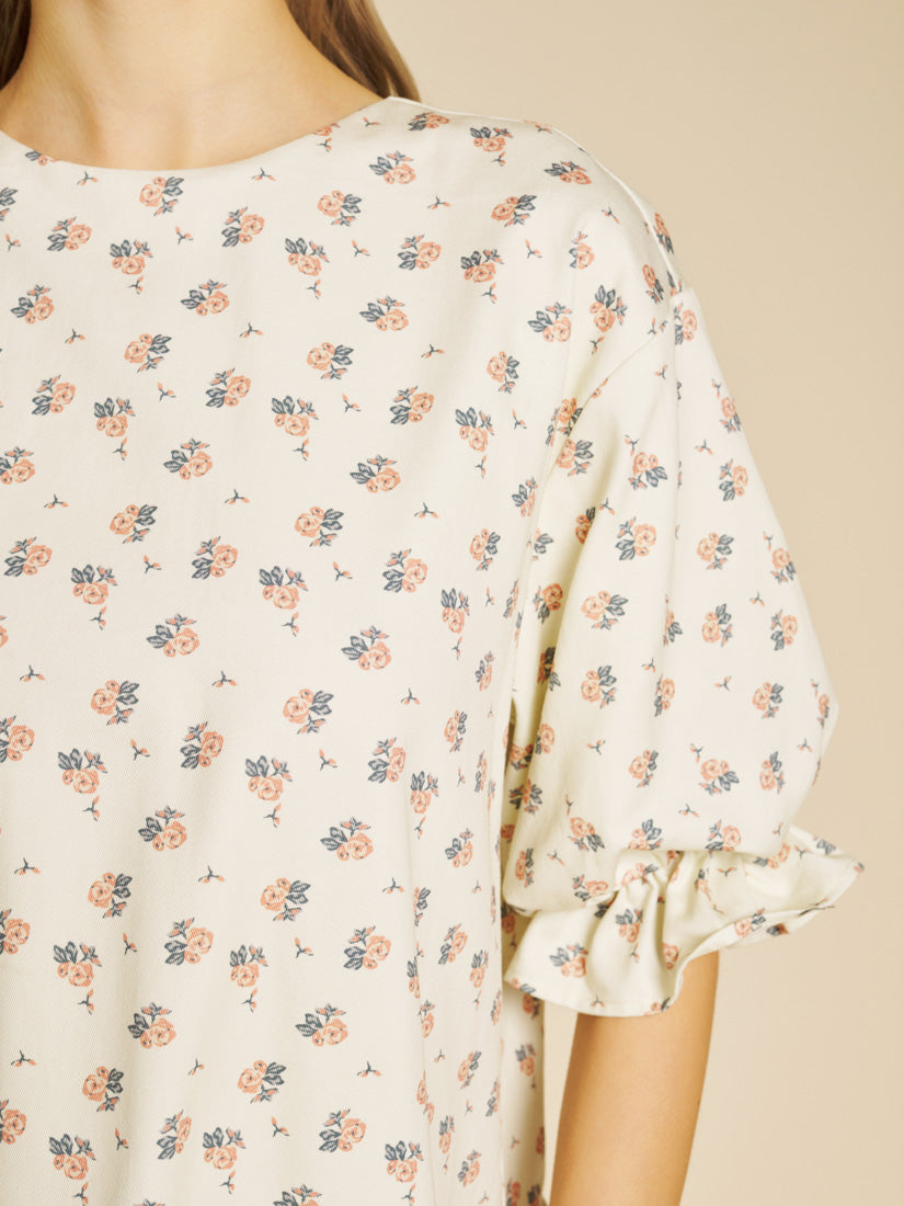 Ditsy Floral Denim Mini Dress for Women — Drop Waist Puff Sleeves - gallery