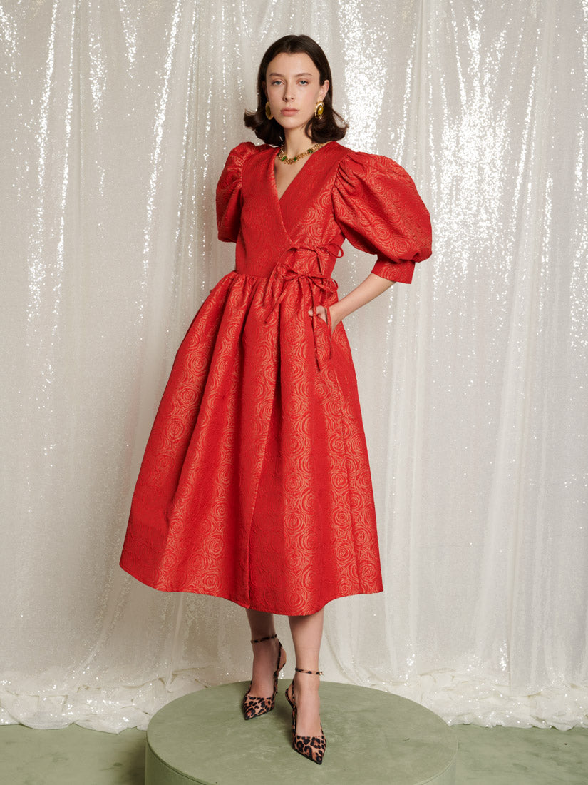 Metallic Rose Wrap Midi Dress for Women — Balloon Sleeves