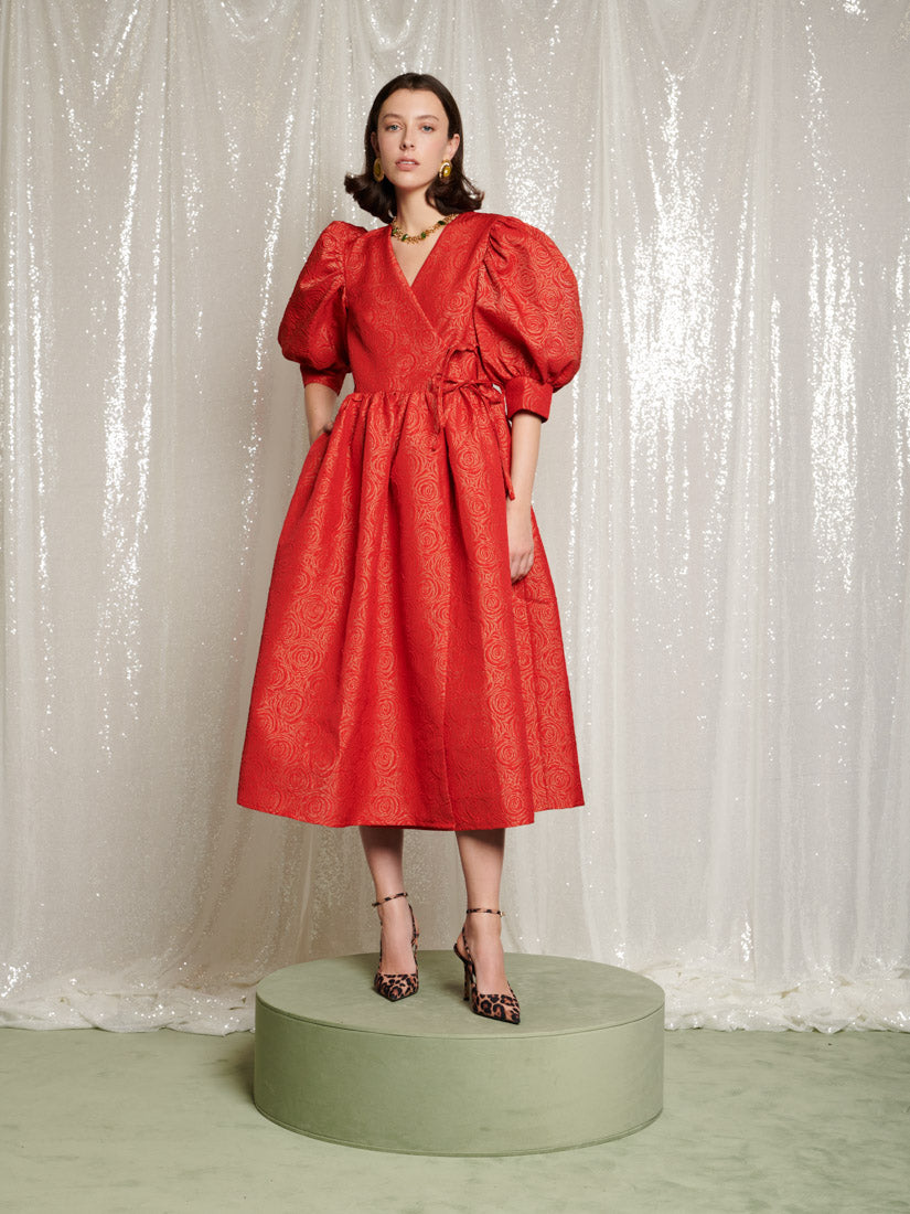 Metallic Rose Wrap Midi Dress for Women — Balloon Sleeves - gallery