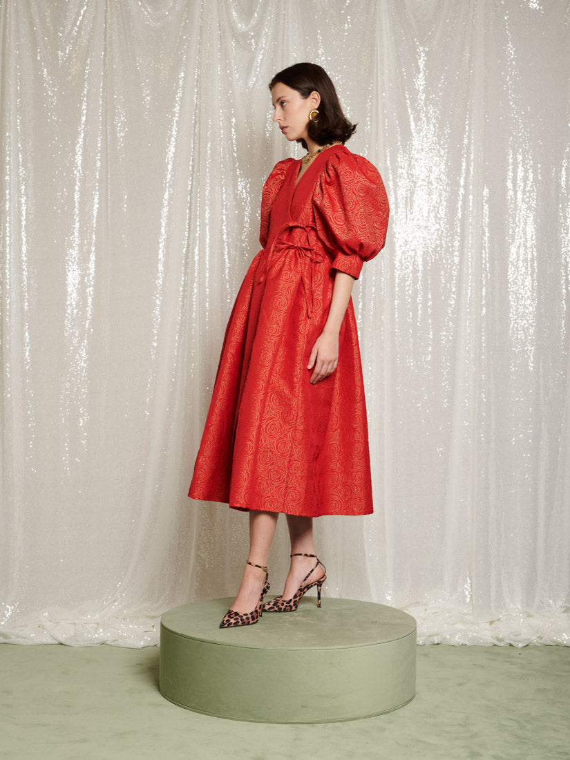 Metallic Rose Wrap Midi Dress for Women — Balloon Sleeves - gallery