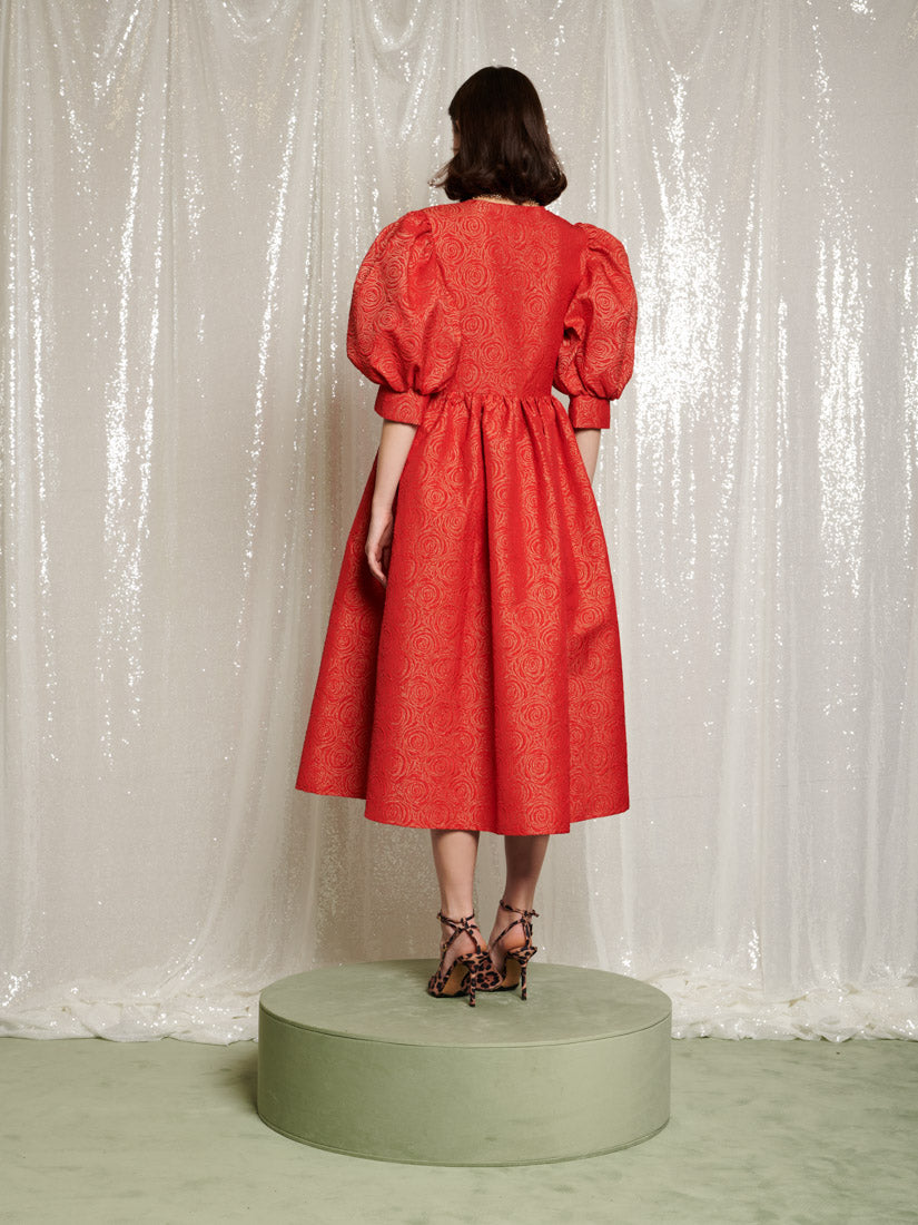 Metallic Rose Wrap Midi Dress for Women — Balloon Sleeves - gallery