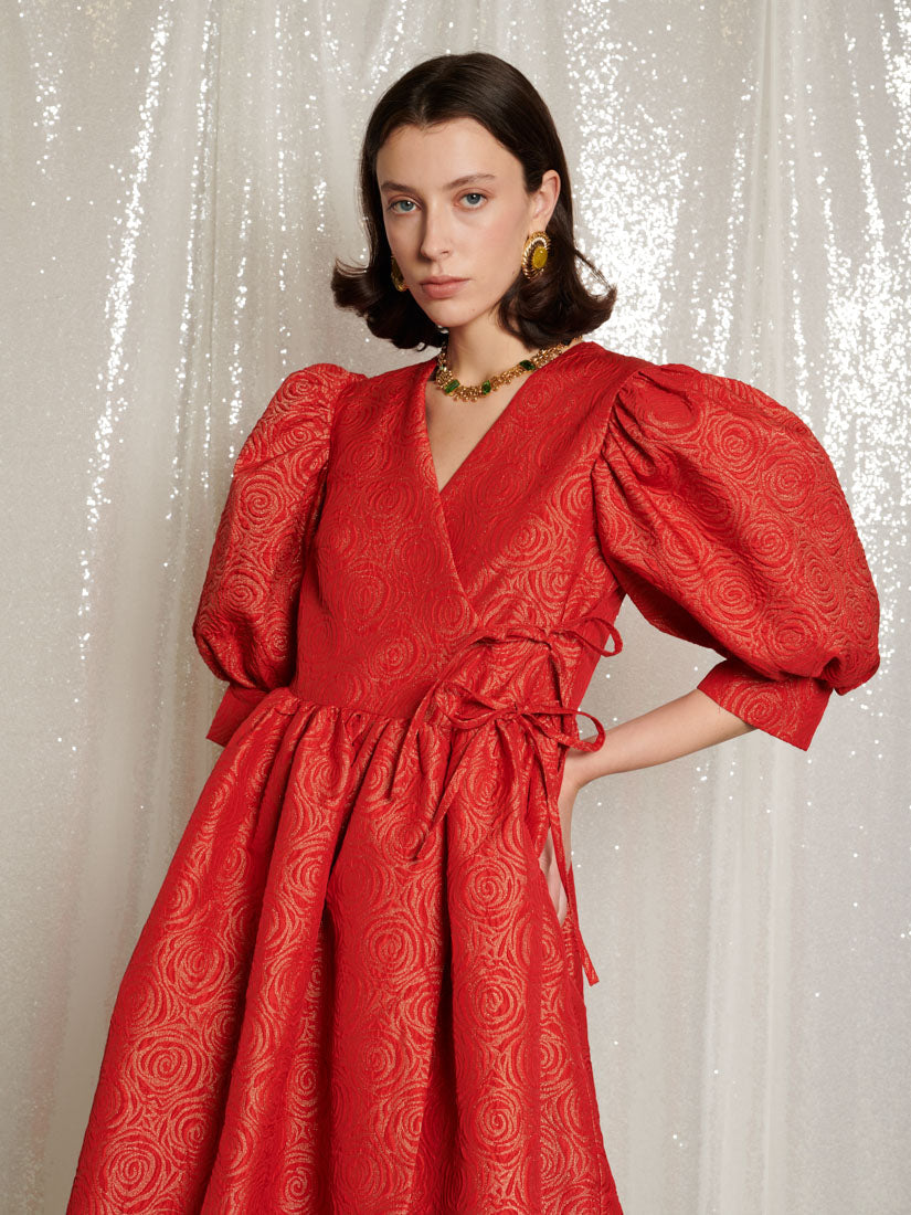 Metallic Rose Wrap Midi Dress for Women — Balloon Sleeves - gallery