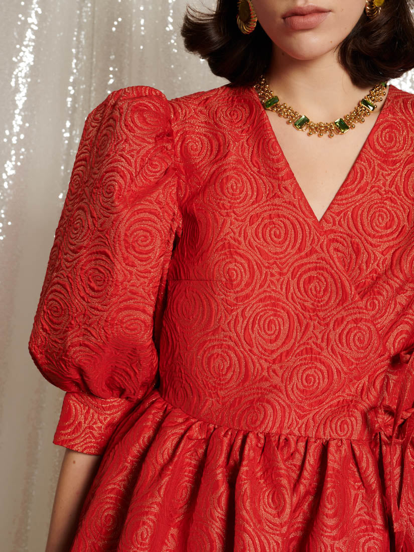 Metallic Rose Wrap Midi Dress for Women — Balloon Sleeves - gallery