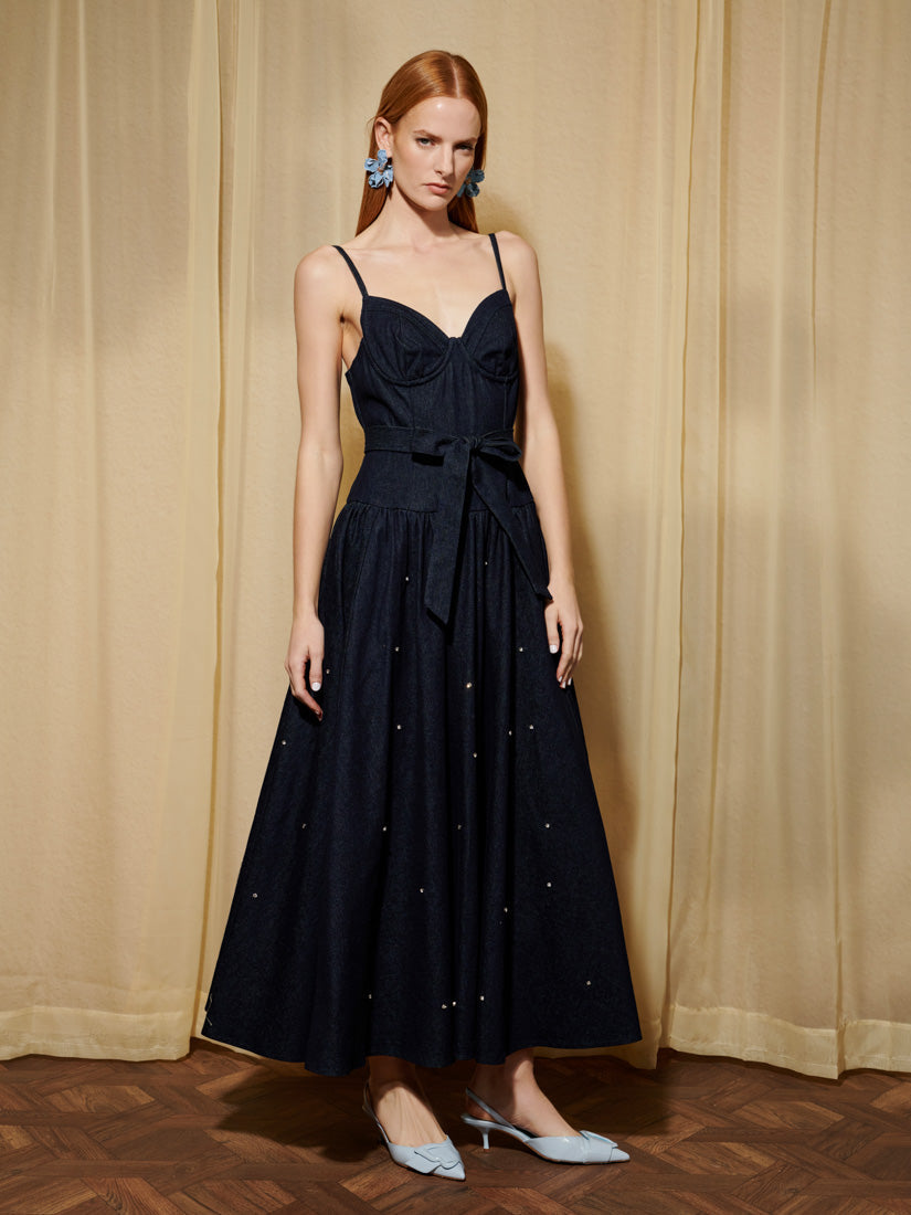 Gem-Embellished Denim Midi Dress for Women — Sweetheart Neck