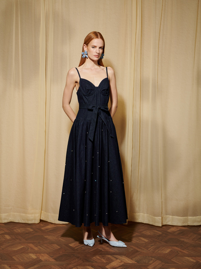 Gem-Embellished Denim Midi Dress for Women — Sweetheart Neck - gallery