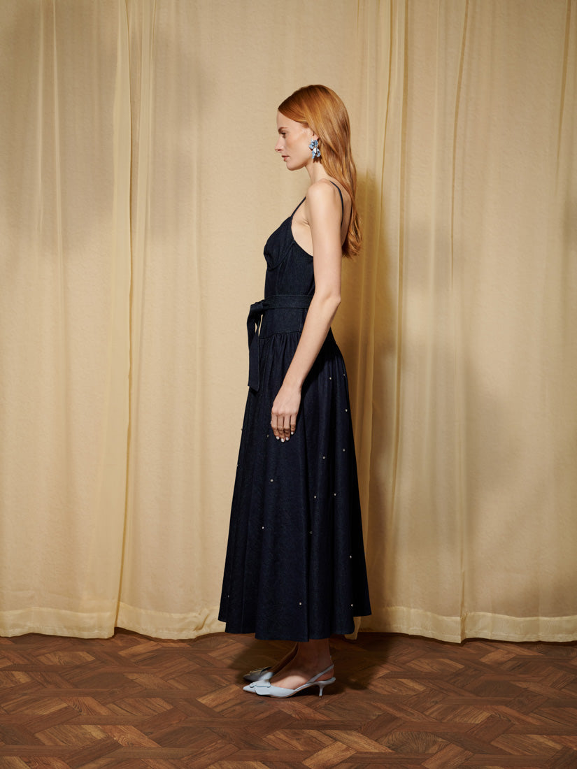 Gem-Embellished Denim Midi Dress for Women — Sweetheart Neck - gallery