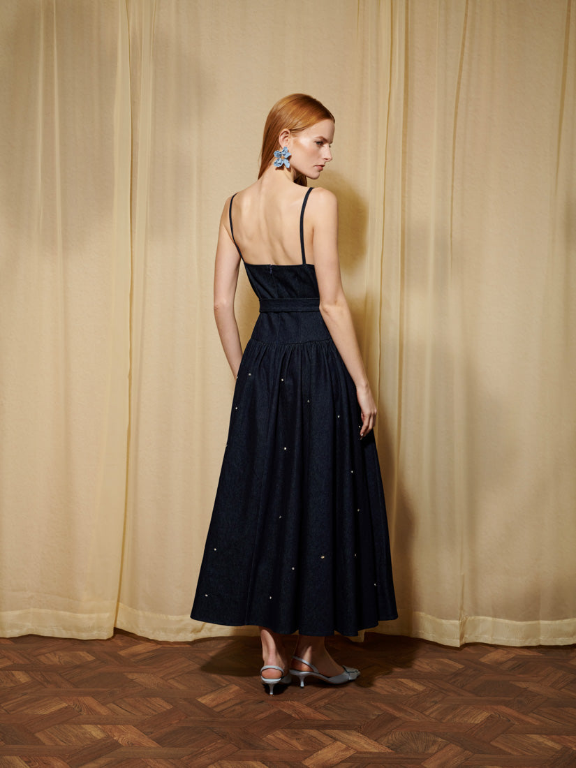 Gem-Embellished Denim Midi Dress for Women — Sweetheart Neck - gallery