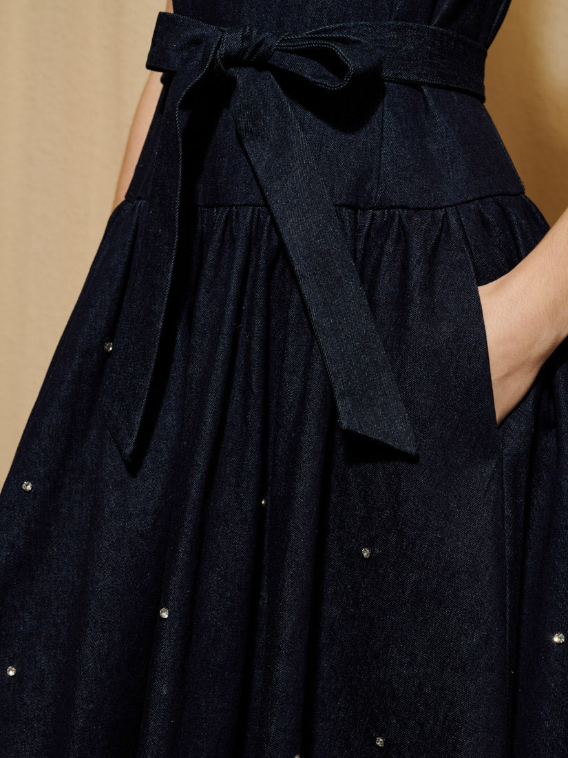 Gem-Embellished Denim Midi Dress for Women — Sweetheart Neck - gallery