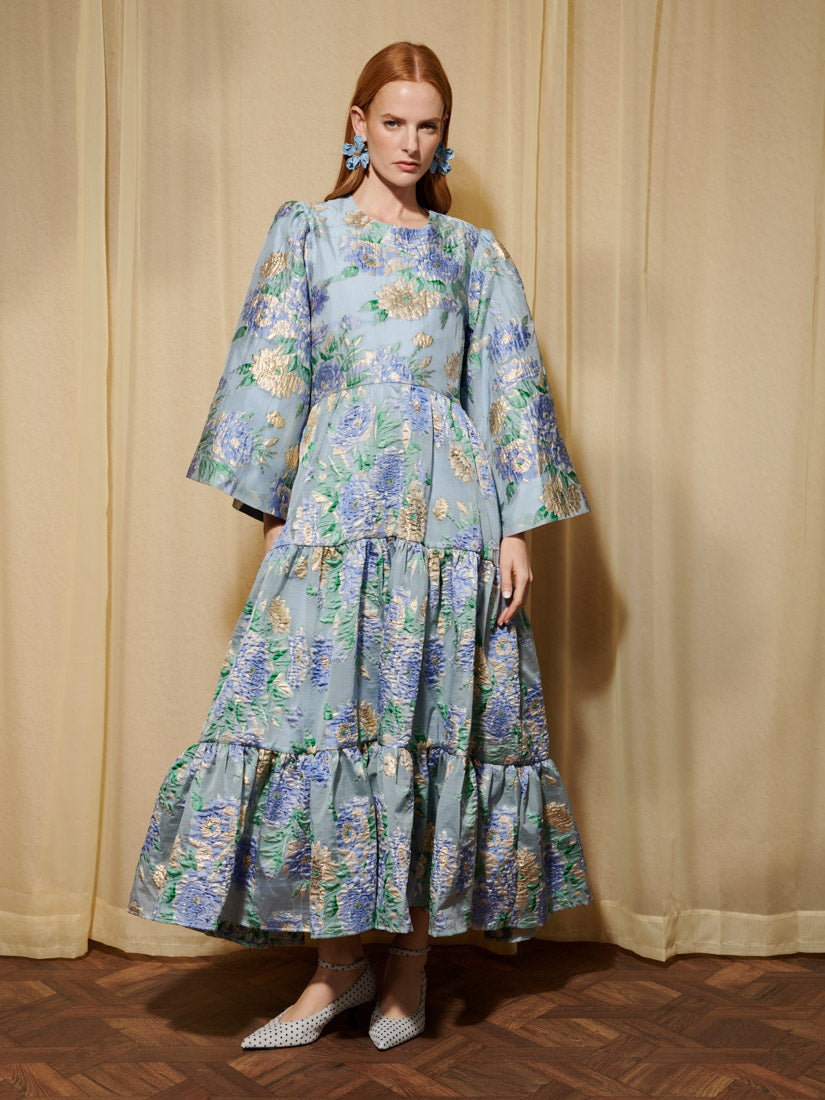 Tiered Floral Jacquard Maxi Dress for Women — Flowing