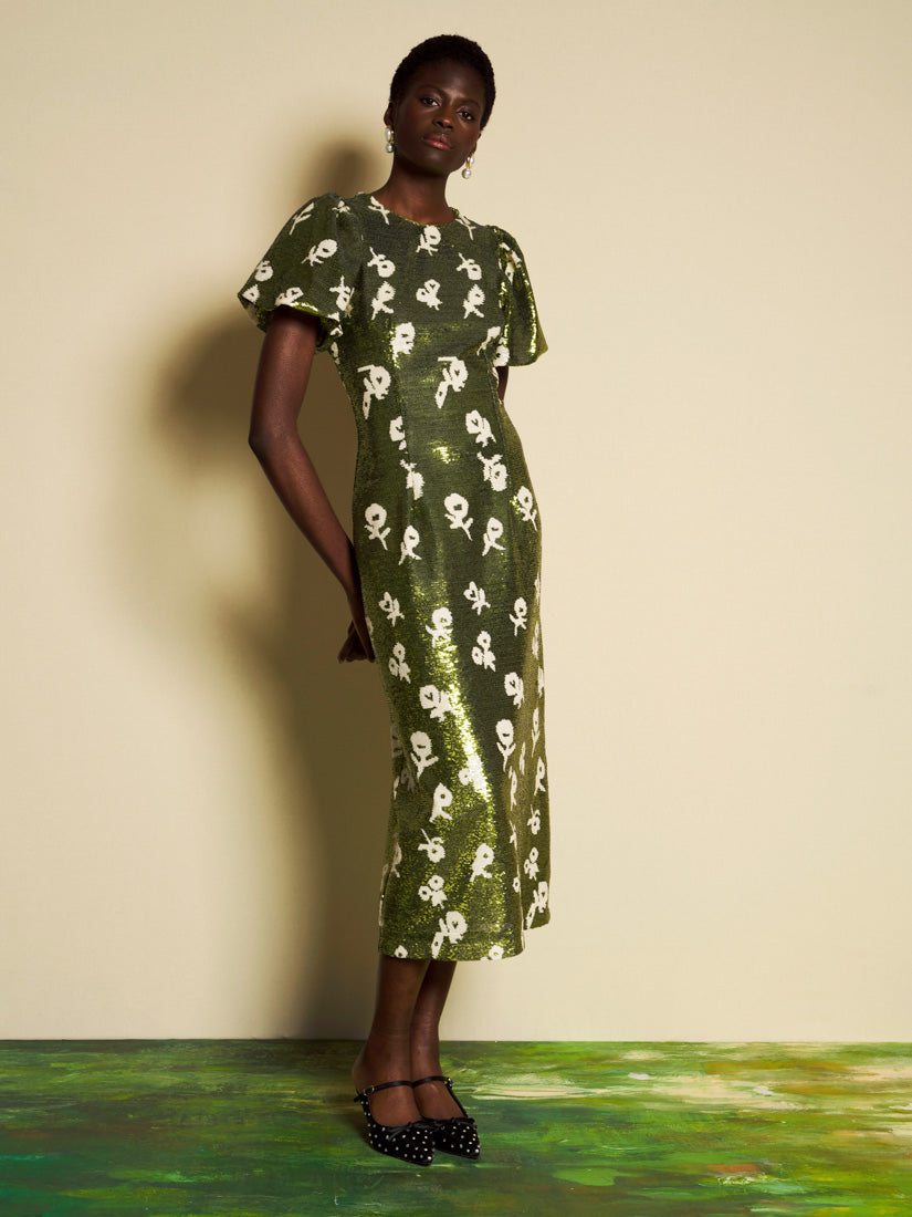 Floral Sequin Puff-Sleeve Midi Dress for Women — Olive Green