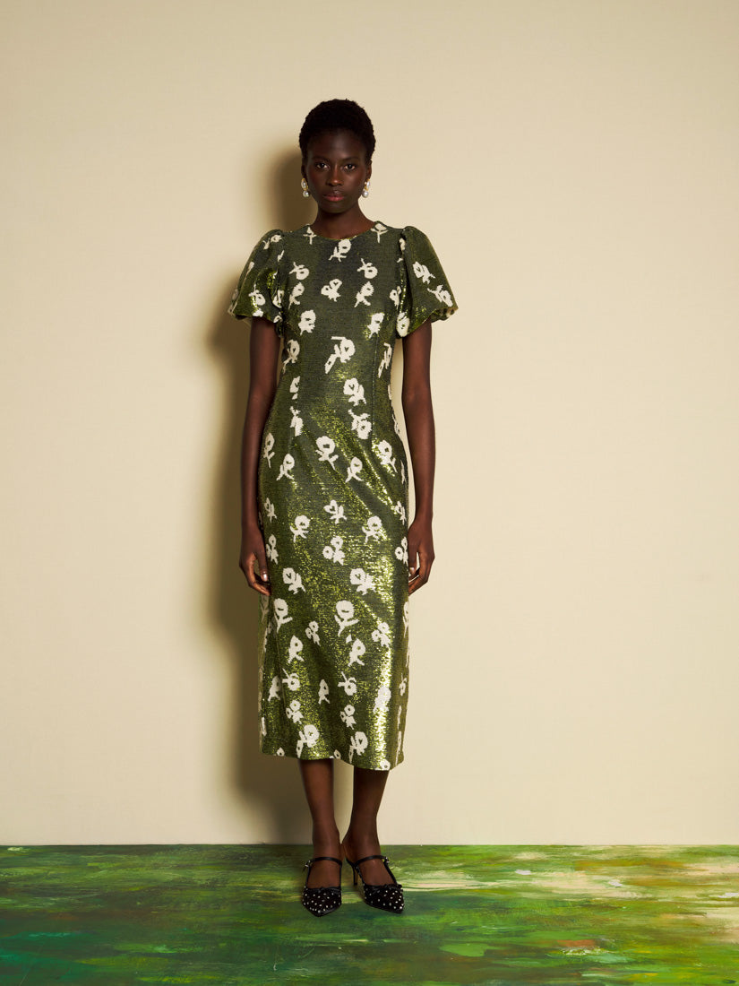 Floral Sequin Puff-Sleeve Midi Dress for Women — Olive Green - gallery