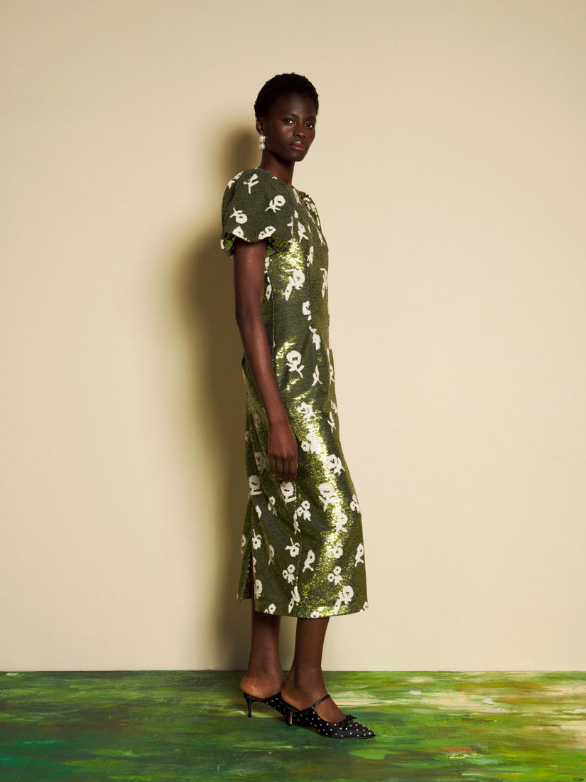 Floral Sequin Puff-Sleeve Midi Dress for Women — Olive Green - gallery