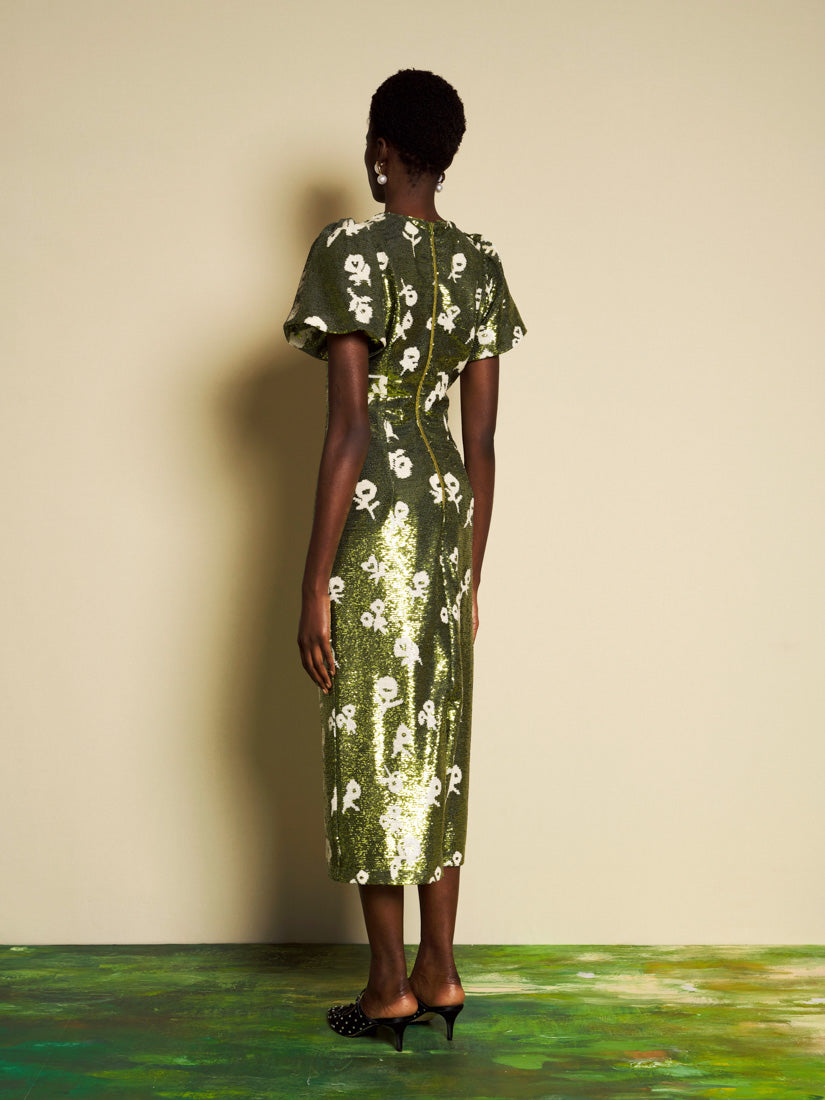 Floral Sequin Puff-Sleeve Midi Dress for Women — Olive Green - gallery