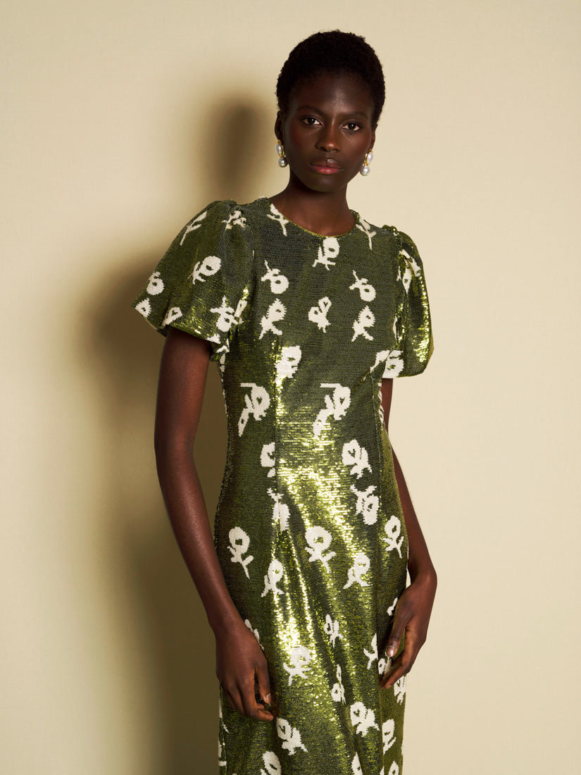 Floral Sequin Puff-Sleeve Midi Dress for Women — Olive Green - gallery