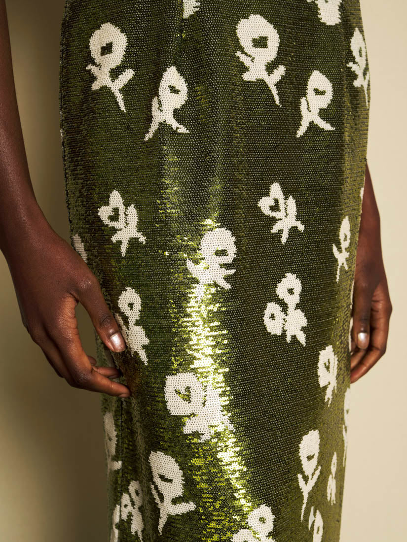 Floral Sequin Puff-Sleeve Midi Dress for Women — Olive Green - gallery