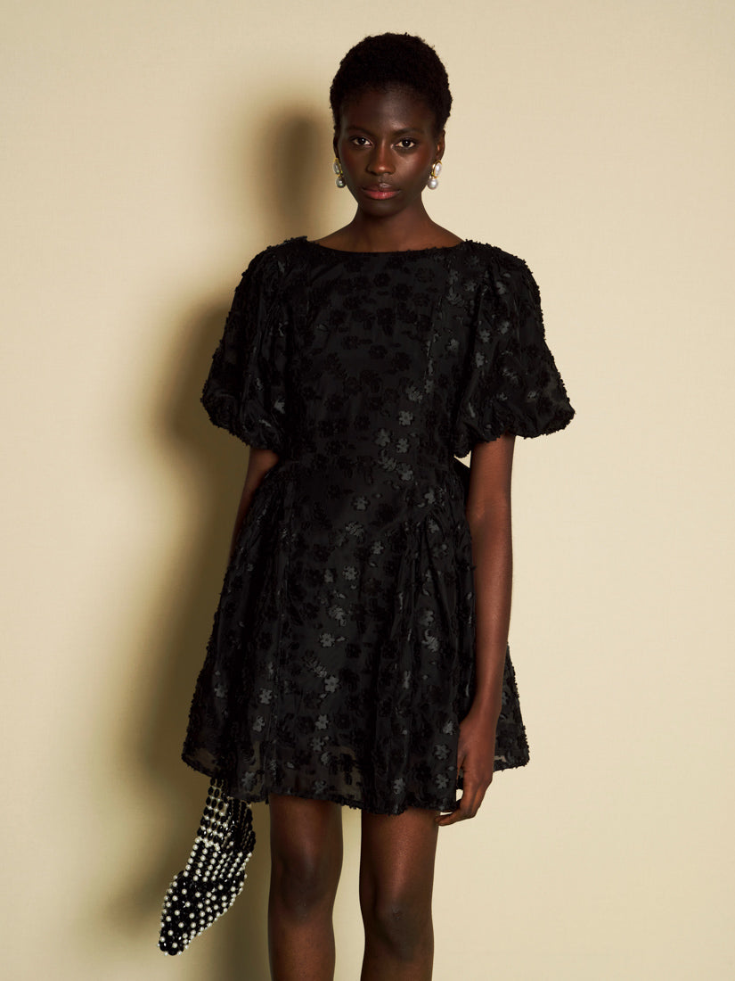 Textured Floral Mini Dress for Women — Dramatic Bow Back
