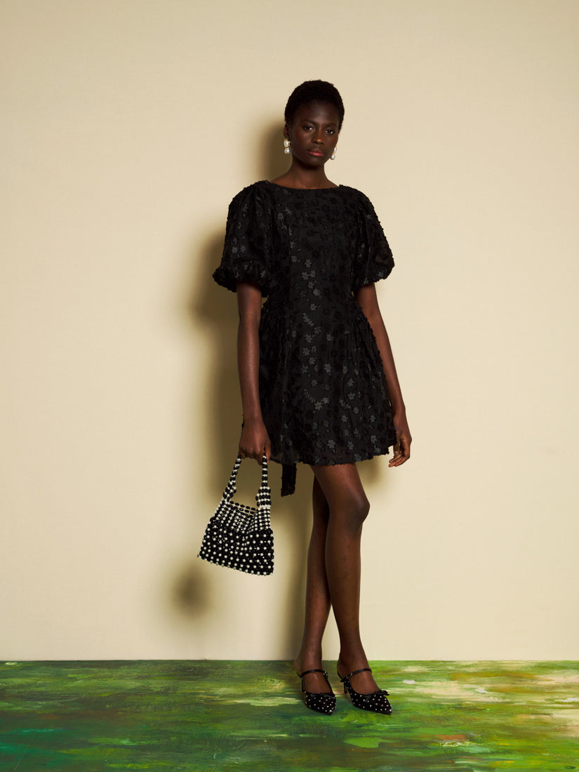 Textured Floral Mini Dress for Women — Dramatic Bow Back - gallery