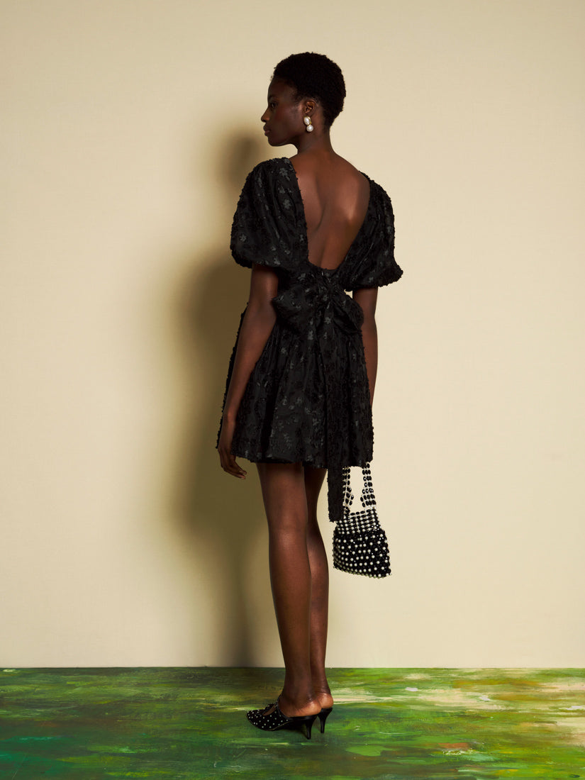 Textured Floral Mini Dress for Women — Dramatic Bow Back - gallery