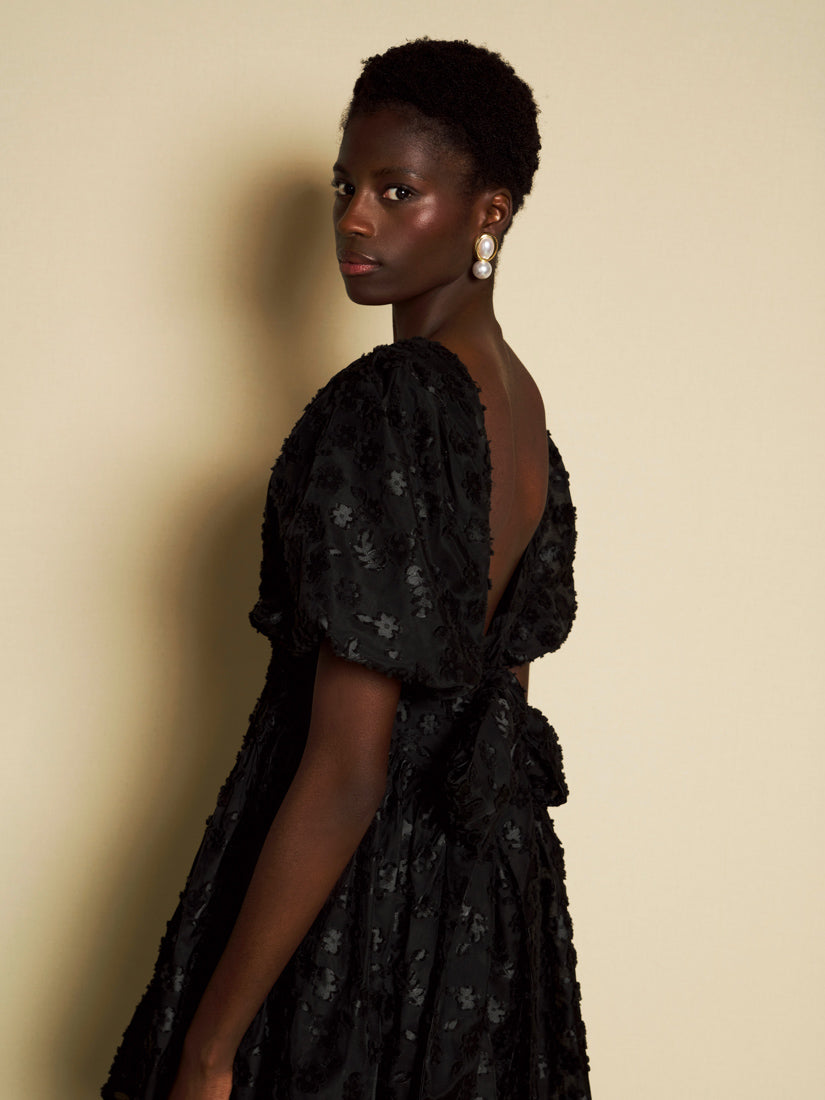 Textured Floral Mini Dress for Women — Dramatic Bow Back - gallery
