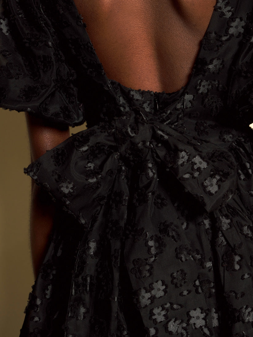 Textured Floral Mini Dress for Women — Dramatic Bow Back - gallery