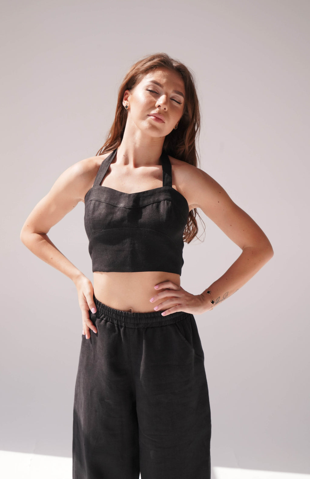 Linen Lace-Up Crop Top Ivina in Black for Women - gallery