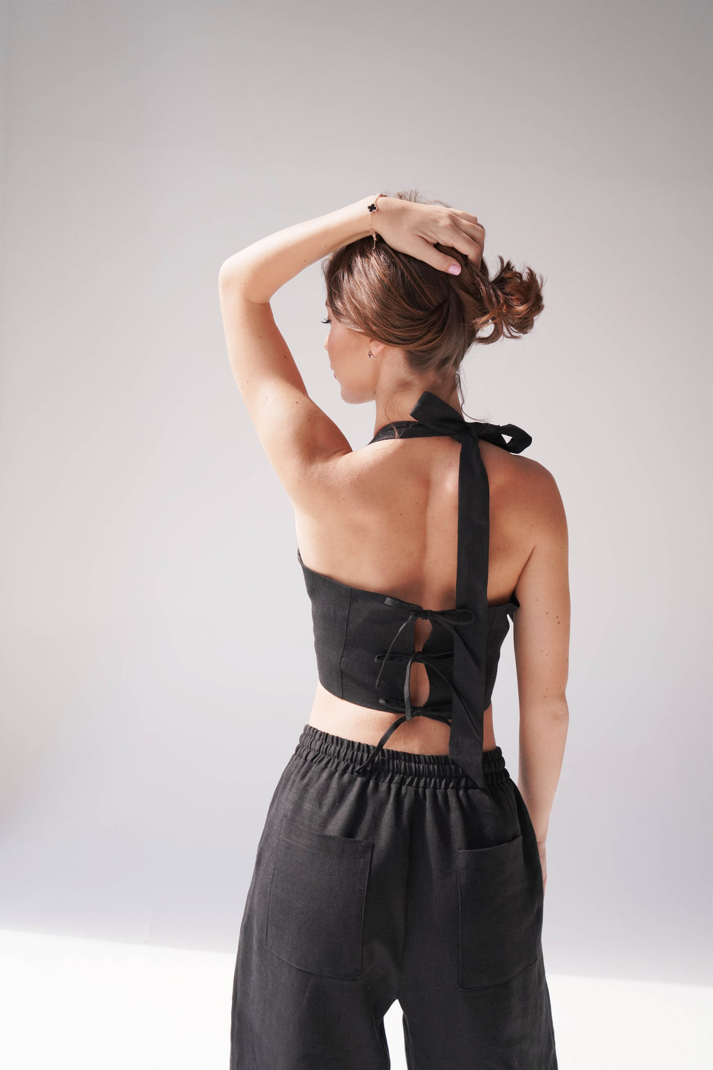 Linen Lace-Up Crop Top Ivina in Black for Women - gallery