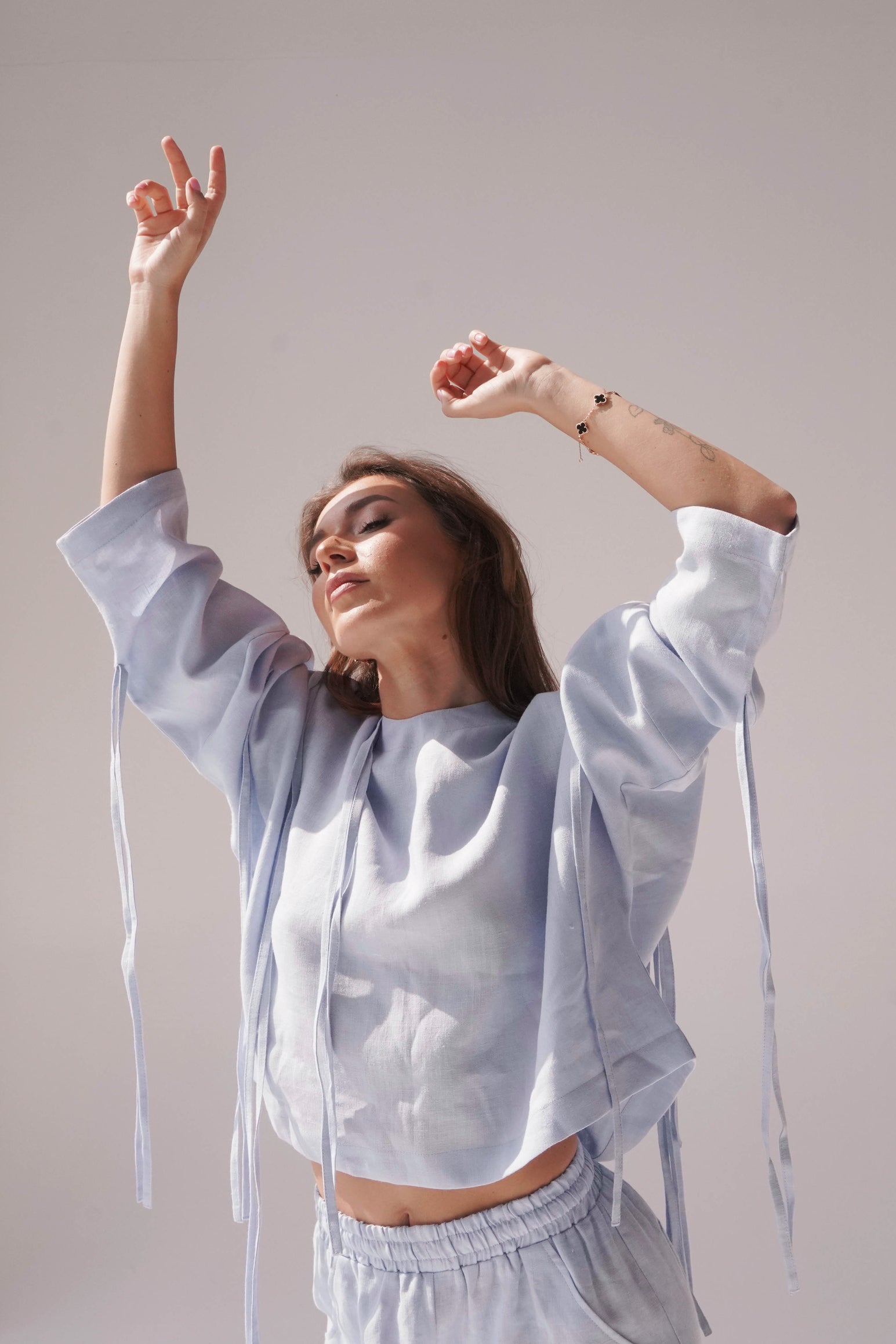 Linen Crop Blouse Olea in Light Blue for Women - gallery