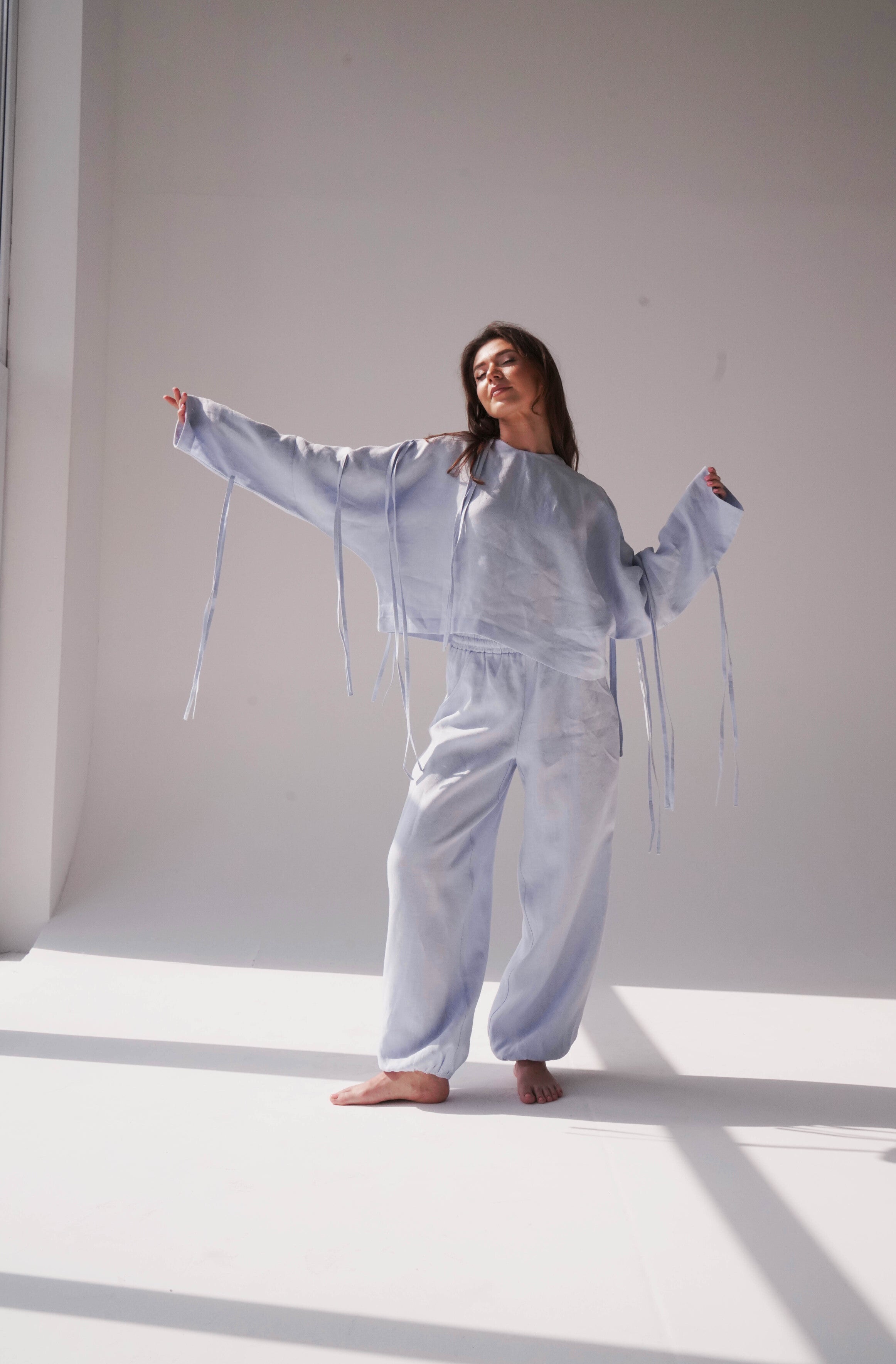 Linen Crop Blouse Olea in Light Blue for Women - gallery