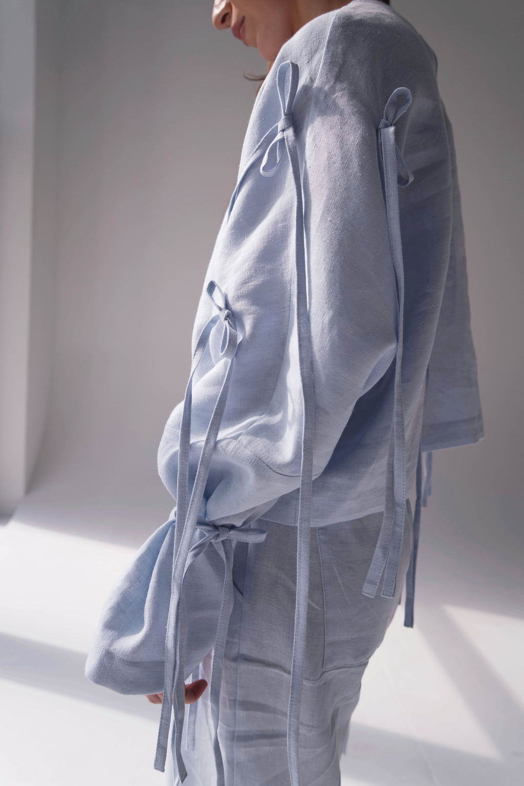 Linen Crop Blouse Olea in Light Blue for Women - gallery