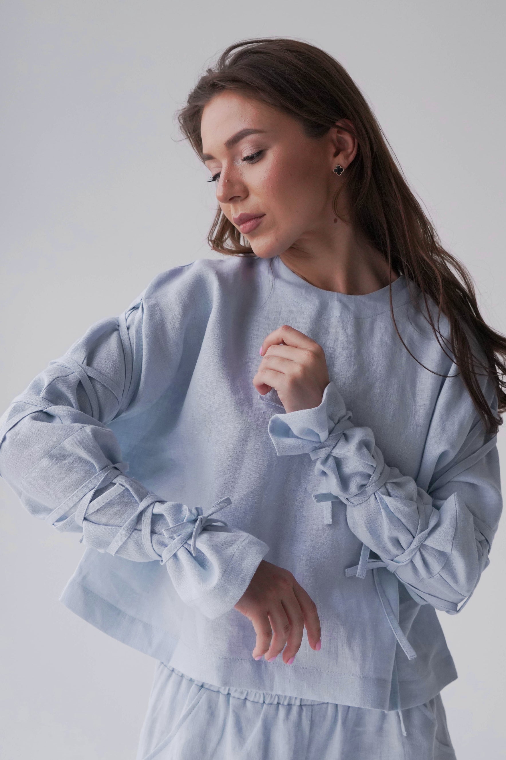 Linen Crop Blouse Olea in Light Blue for Women