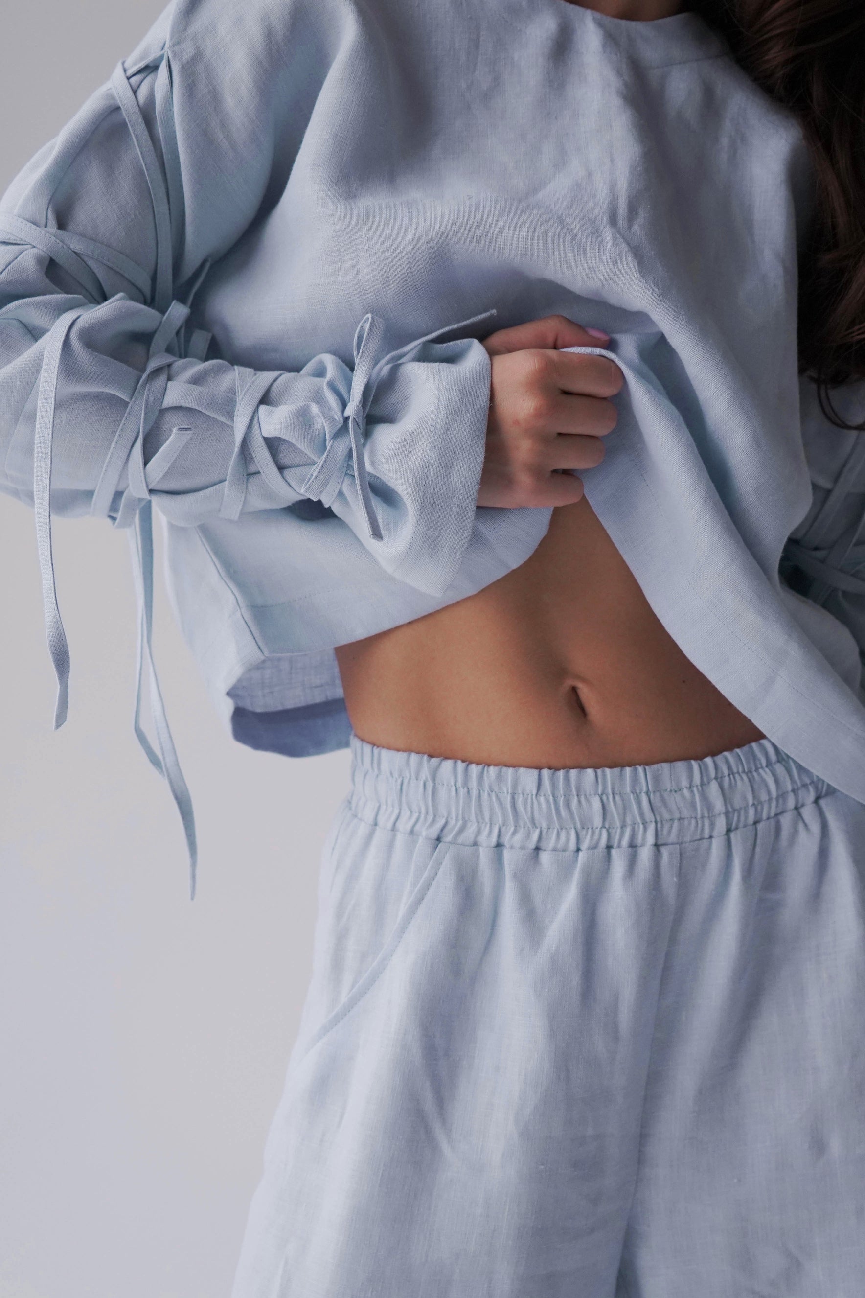 Linen Crop Blouse Olea in Light Blue for Women - gallery