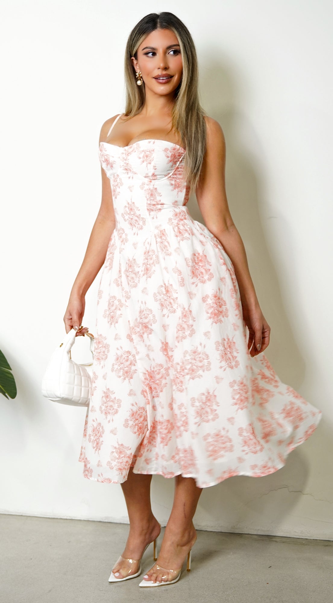 Knox Floral Flare Midi Dress - White Orange — gallery
