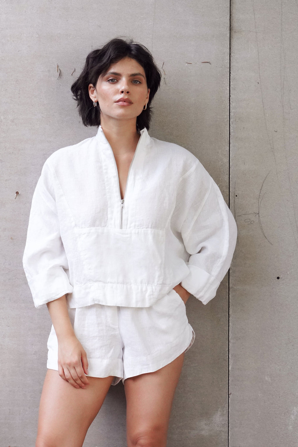 s Linen Zip Pullover Top Tulip in White for Women