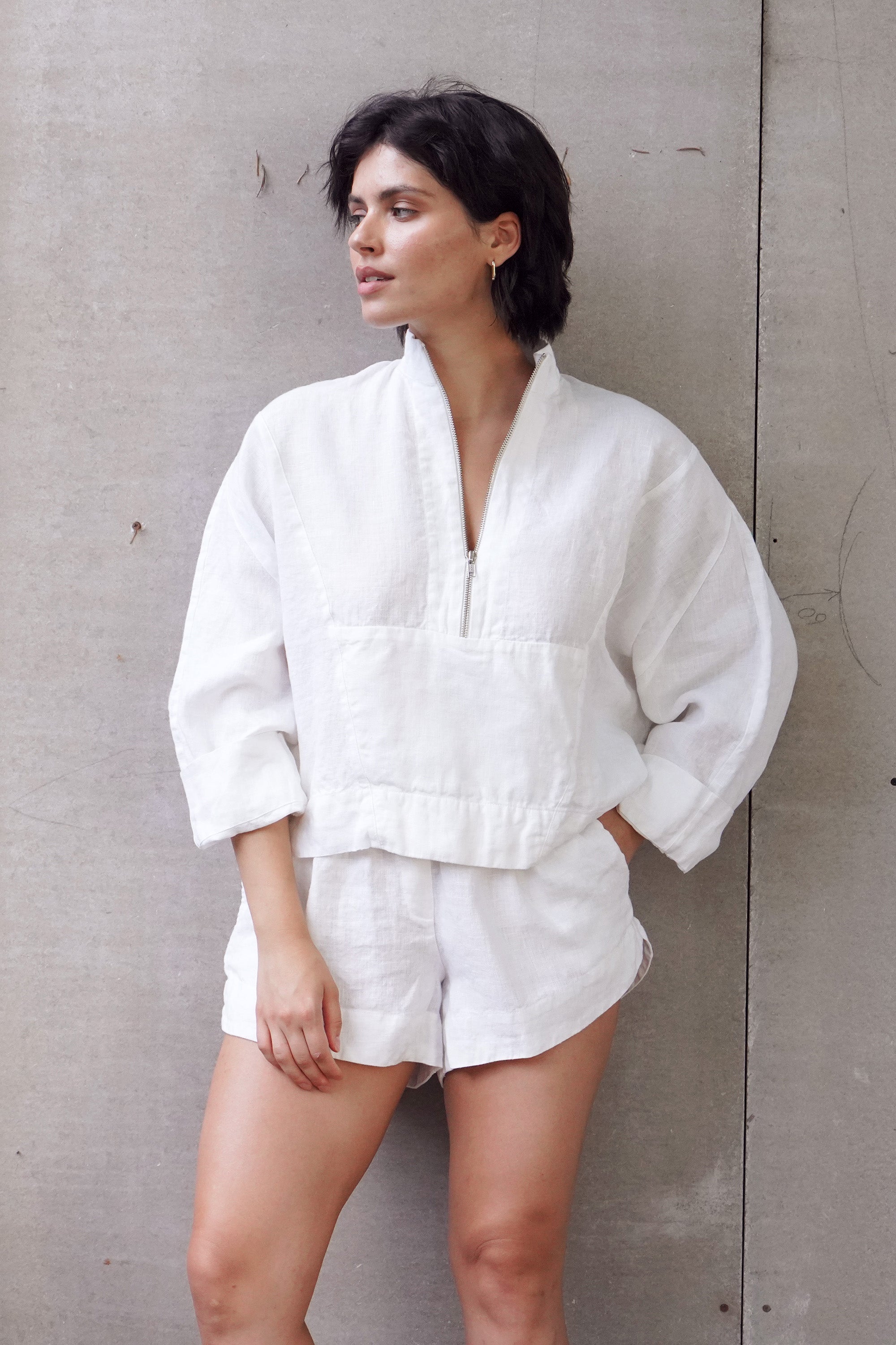 s Linen Zip Pullover Top Tulip in White for Women - gallery