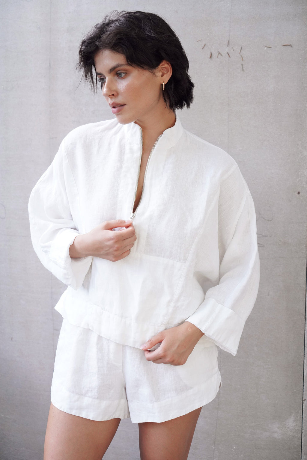s Linen Zip Pullover Top Tulip in White for Women - gallery