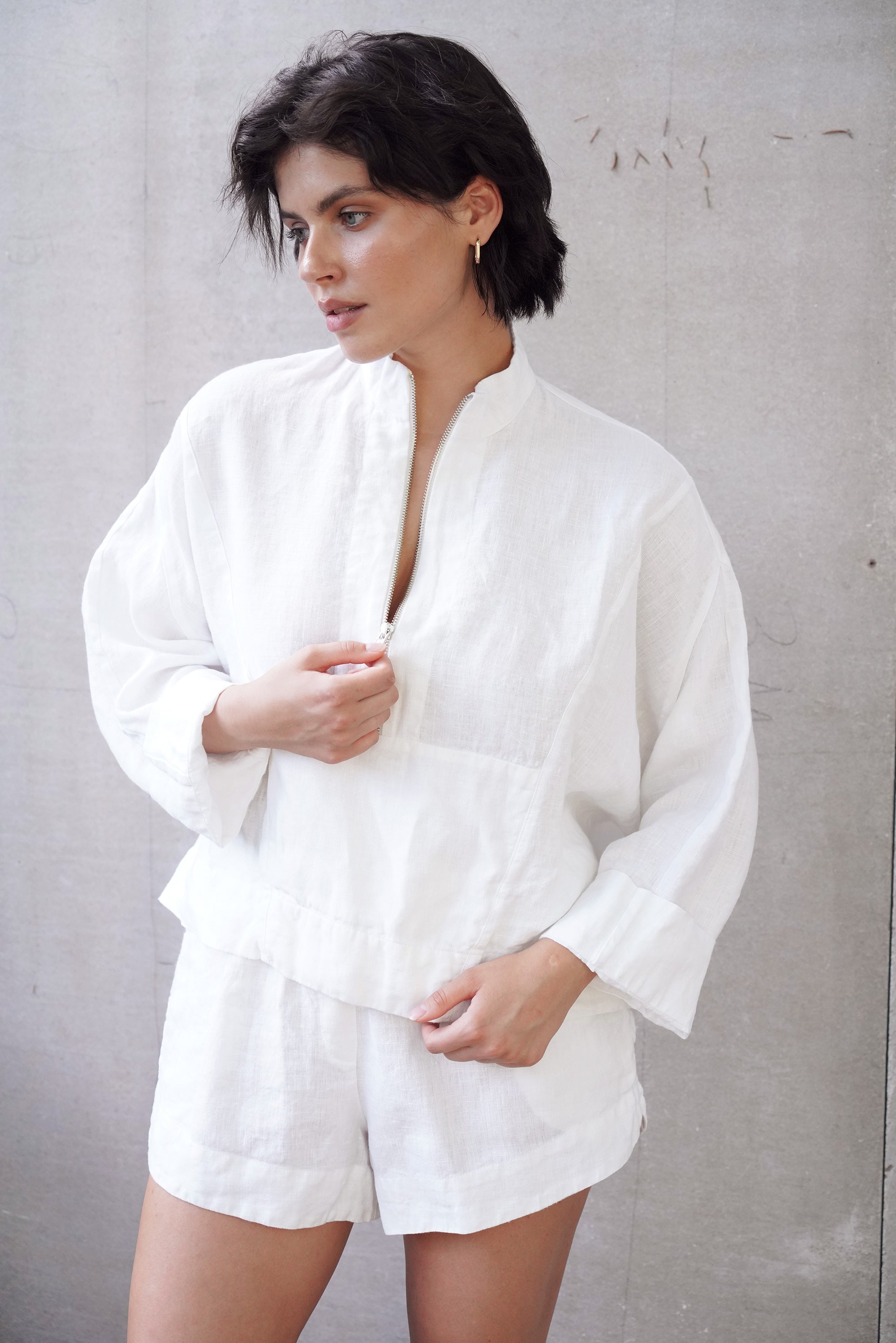 s Linen Zip Pullover Top Tulip in White for Women - gallery