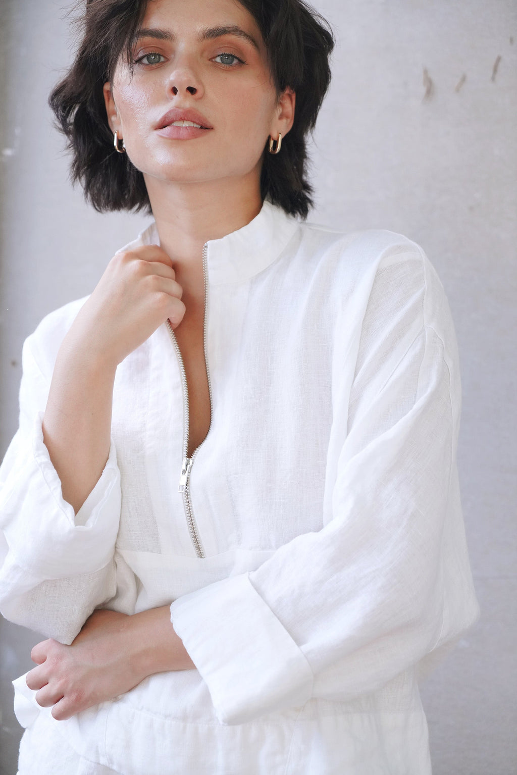 s Linen Zip Pullover Top Tulip in White for Women - gallery