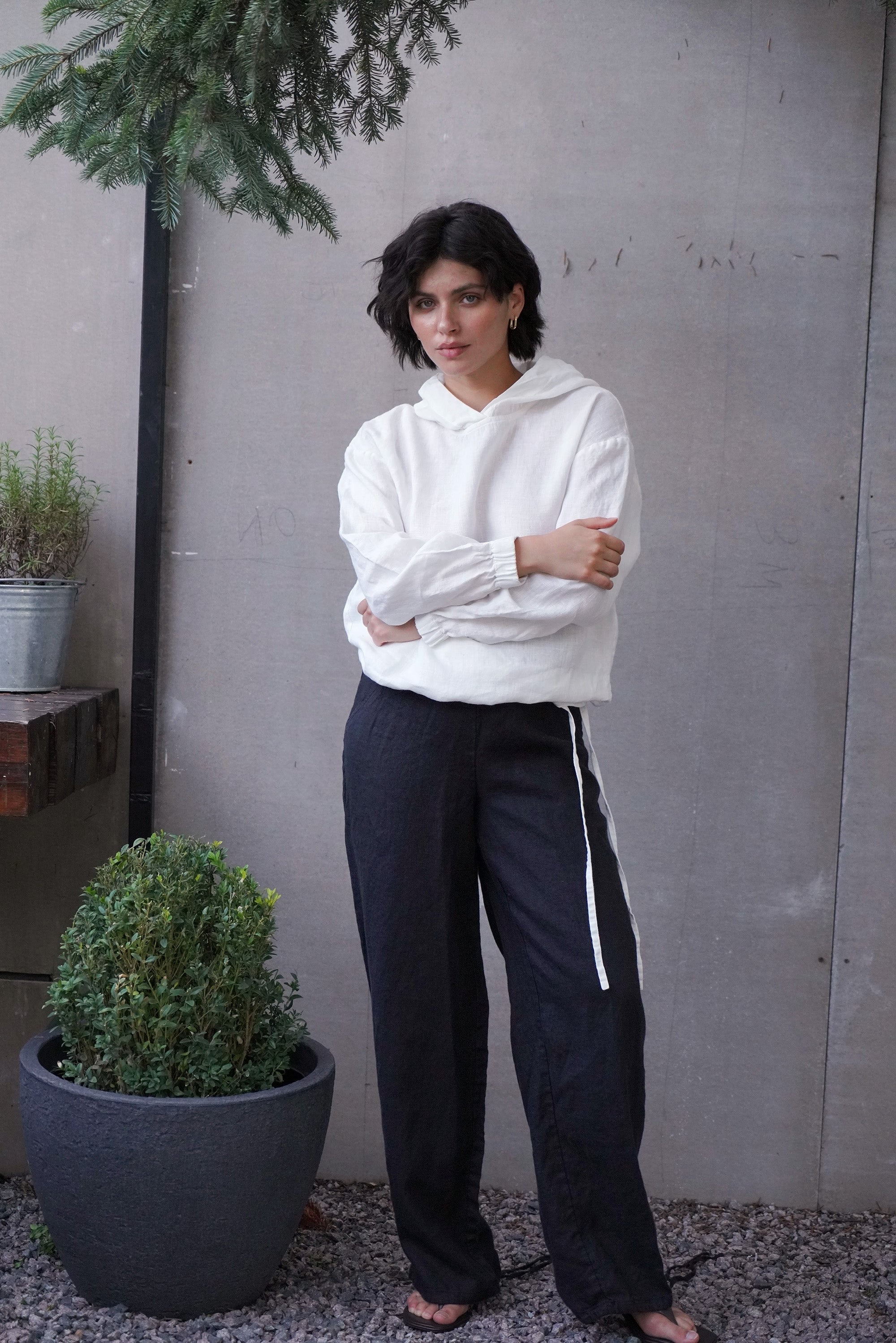 Linen Hoodie with Ties Lamia in White for Women - gallery