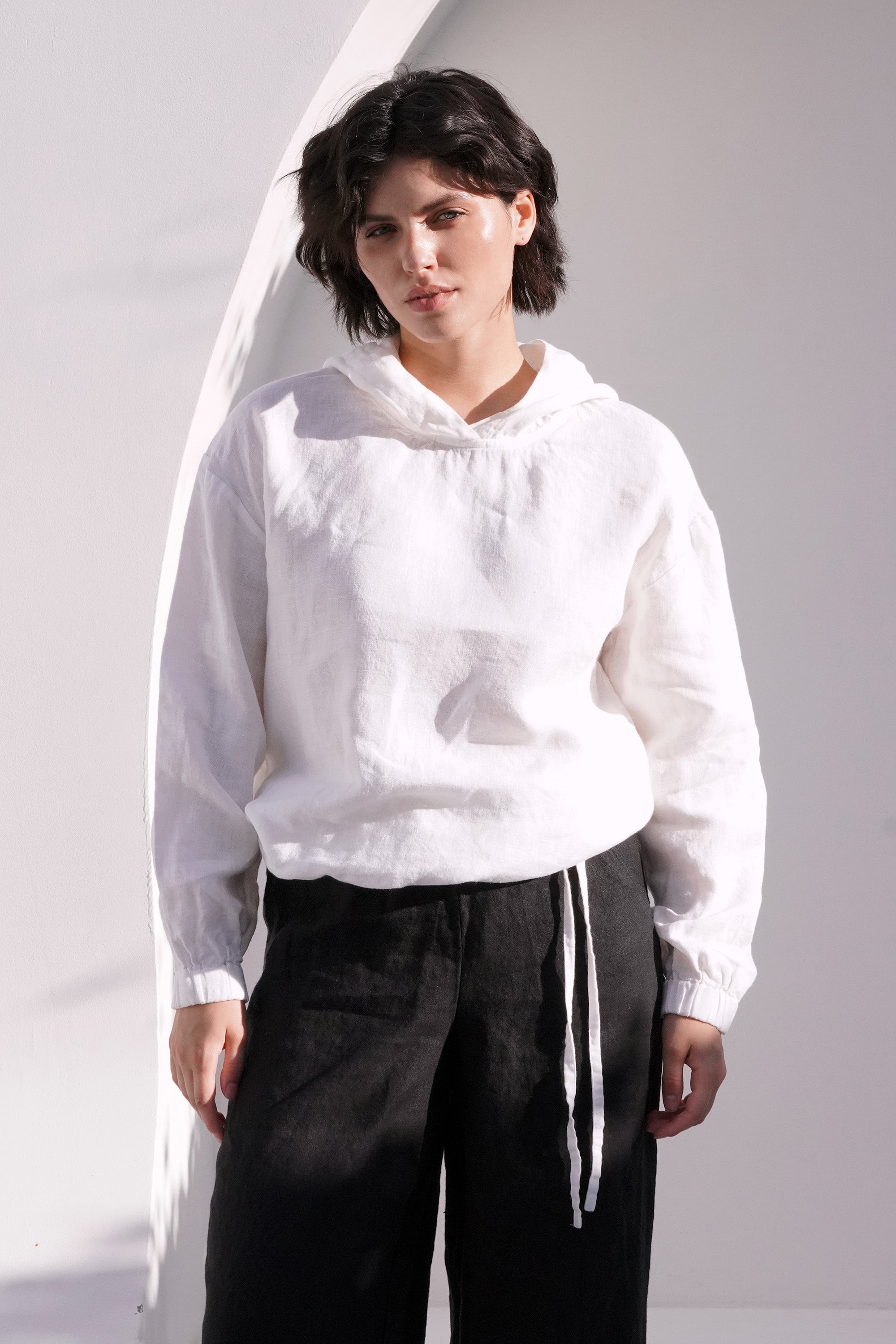 Linen Hoodie with Ties Lamia in White for Women - gallery